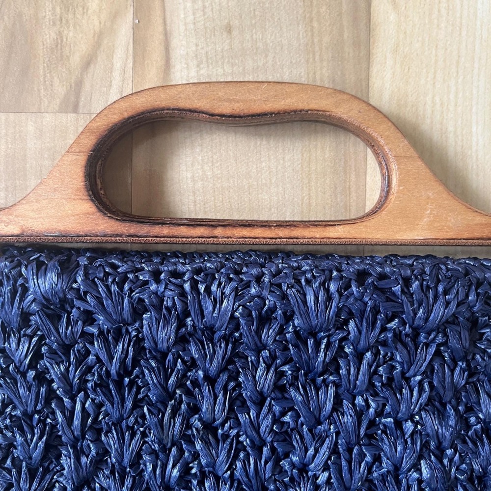 Vintage Handbag Straw Navy Blue Wood Coastal Beach Preppy Cottage‎ Classic Vacay - Picture 10 of 12